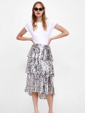 Zara Silver Sequin Tiered Midi Skirt